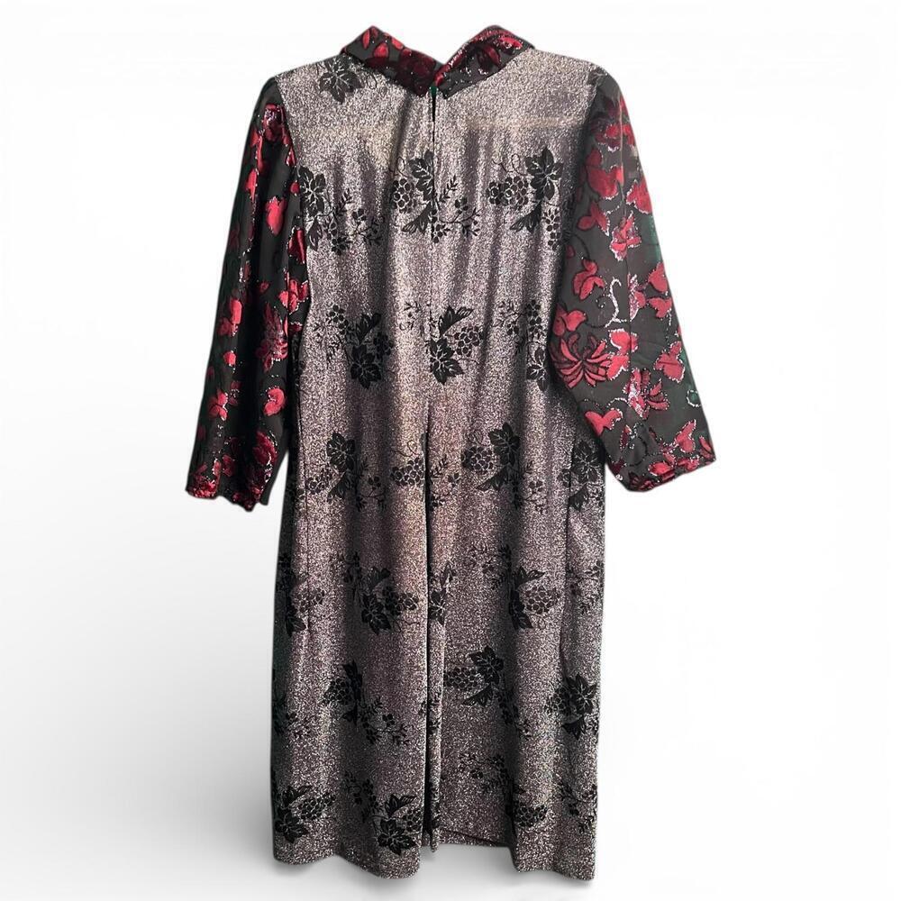 Vintage Sheer Burnout Velvet Floral Print Collar Midi Dress - Picture 2 of 2